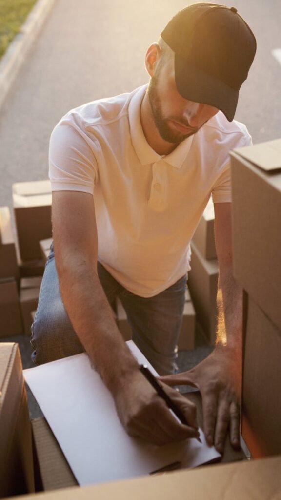 pexels photo 5025515 A courier checks a package list surrounded by cardboard boxes during a daytime delivery.